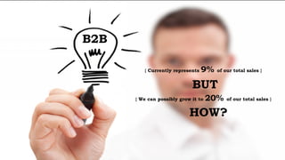 B2B
{ Currently represents 9% of our total sales }
BUT
{ We can possibly grow it to 20% of our total sales }
HOW?
 