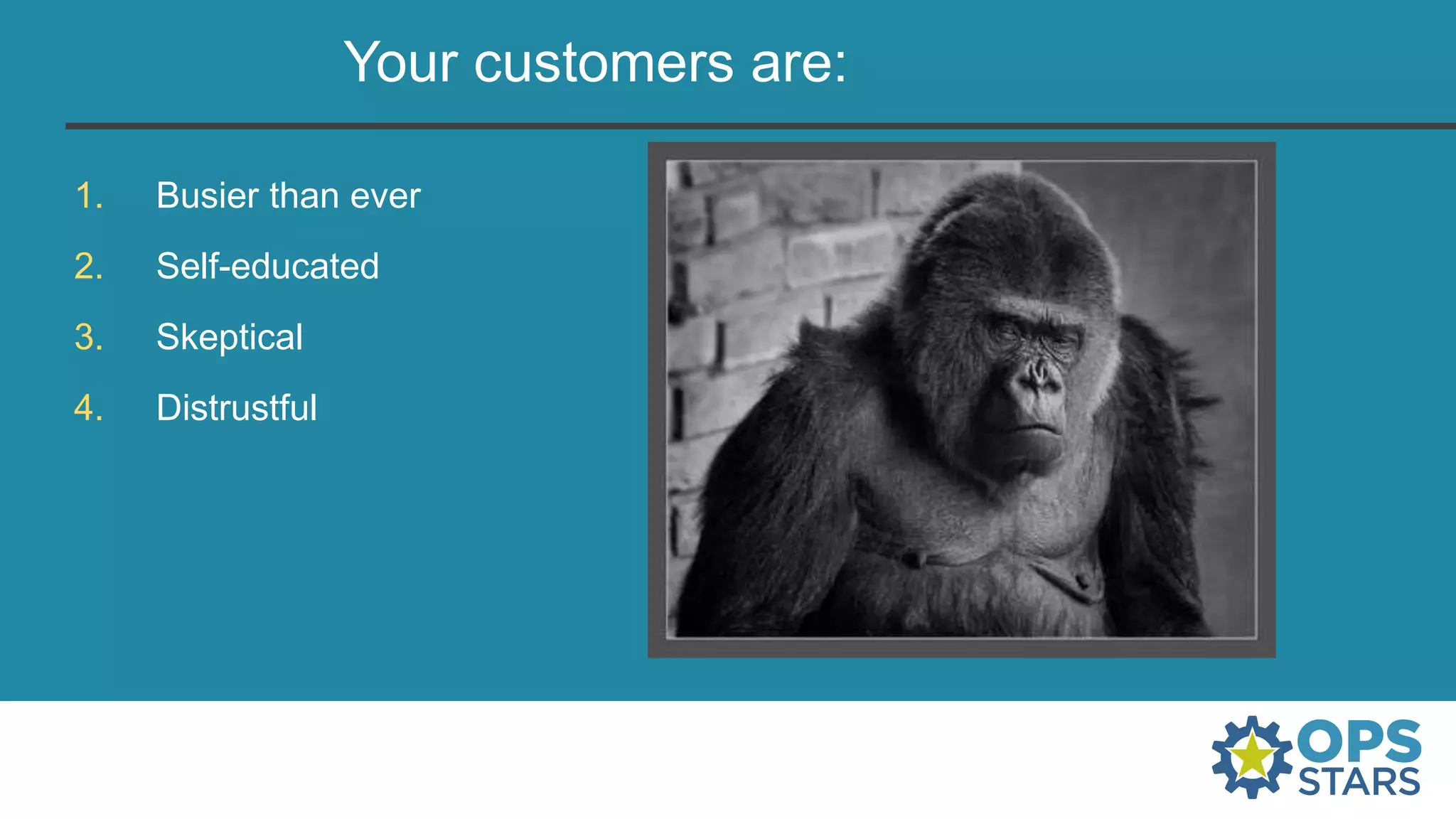 1. Busier than ever
2. Self-educated
3. Skeptical
4. Distrustful
Your customers are:
 