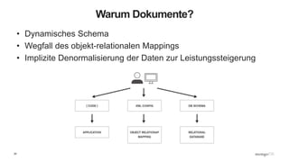 20
Warum Dokumente?
• Dynamisches Schema
• Wegfall des objekt-relationalen Mappings
• Implizite Denormalisierung der Daten zur Leistungssteigerung
 