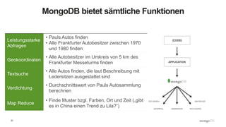 22
MongoDB bietet sämtliche Funktionen
Leistungsstarke
Abfragen
• Pauls Autos finden
• Alle Frankfurter Autobesitzer zwischen 1970
und 1980 finden
Geokoordinaten
• Alle Autobesitzer im Umkreis von 5 km des
Frankfurter Messeturms finden
Textsuche
• Alle Autos finden, die laut Beschreibung mit
Ledersitzen ausgestattet sind
Verdichtung
• Durchschnittswert von Pauls Autosammlung
berechnen
Map Reduce
• Finde Muster bzgl. Farben, Ort und Zeit („gibt
es in China einen Trend zu Lila?“)
 