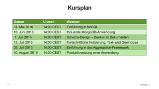 4
Kursplan
Datum Uhrzeit Webinar
31. Mai 2016 14:00 CEST Einführung in NoSQL
16. Juni 2016 14:00 CEST Ihre erste MongoDB-Anwendung
1. Juli 2016 14:00 CEST Schema-Design – Denken in Dokumenten
12. Juli 2016 14:00 CEST Fortschrittliche Indizierung, Text- und Geoindizes
26. Juli 2016 14:00 CEST Einführung in das Aggregation-Framework
30. August 2016 14:00 CEST Produktivsetzung einer Anwendung
 
