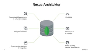 9
Nexus-Architektur
Skalierbarkeit
& Leistung
Immer lauffähig,
Globale Bereitstellung
FlexibilitätExpressive Abfragesprache
& sekundäre Indizes
Strenge Konsistenz
Enterprise-Management
& Integration
 