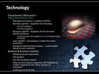 Technology
 Cloud based / Web portal –
 http://www.b2b-x.com/
     Manages  businesses / suppliers profiles
     Business specific - Suppliers list including
          Current suppliers
          Potential suppliers
     Business  specific - Suppliers list for business
      specific products
          Communicate   with suppliers in / out of portal (chat,
            emailing)
     User specific - transactions / orders for every
      customers
     Standard implemented solution - customizable
      based on per customer
 Backend    & Business modules
     Database    driven repository
     EDI module
     Flat file handling module
     Web-services based integration API available to
      enable integrated with other systems in
      enterprise
     Auditing and Archiving
 
