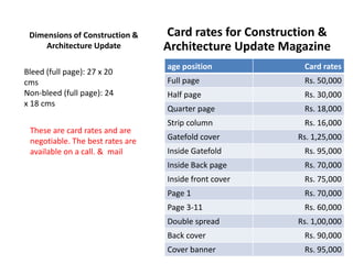 Dimensions of Construction &     Card rates for Construction &
     Architecture Update          Architecture Update Magazine
                                  age position            Card rates
Bleed (full page): 27 x 20
cms                               Full page               Rs. 50,000
Non-bleed (full page): 24         Half page               Rs. 30,000
x 18 cms
                                  Quarter page            Rs. 18,000
                                  Strip column            Rs. 16,000
 These are card rates and are
 negotiable. The best rates are   Gatefold cover         Rs. 1,25,000
 available on a call. & mail      Inside Gatefold         Rs. 95,000
                                  Inside Back page        Rs. 70,000
                                  Inside front cover      Rs. 75,000
                                  Page 1                  Rs. 70,000
                                  Page 3-11               Rs. 60,000
                                  Double spread          Rs. 1,00,000
                                  Back cover              Rs. 90,000
                                  Cover banner            Rs. 95,000
 