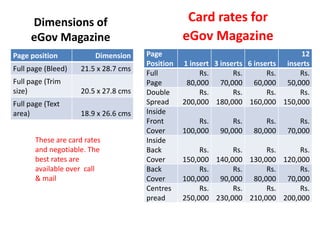 Dimensions of                                Card rates for
     eGov Magazine                               eGov Magazine
Page position            Dimension    Page                                           12
                                      Position   1 insert 3 inserts 6 inserts    inserts
Full page (Bleed)   21.5 x 28.7 cms
                                      Full            Rs.       Rs.       Rs.        Rs.
Full page (Trim                       Page        80,000 70,000 60,000           50,000
size)               20.5 x 27.8 cms   Double          Rs.       Rs.       Rs.        Rs.
Full page (Text                       Spread     200,000 180,000 160,000        150,000
area)               18.9 x 26.6 cms   Inside
                                      Front           Rs.       Rs.       Rs.        Rs.
                                      Cover      100,000    90,000    80,000     70,000
       These are card rates           Inside
       and negotiable. The            Back            Rs.     Rs.     Rs.     Rs.
       best rates are                 Cover      150,000 140,000 130,000 120,000
       available over call            Back            Rs.     Rs.     Rs.     Rs.
       & mail                         Cover      100,000 90,000 80,000 70,000
                                      Centres         Rs.     Rs.     Rs.     Rs.
                                      pread      250,000 230,000 210,000 200,000
 