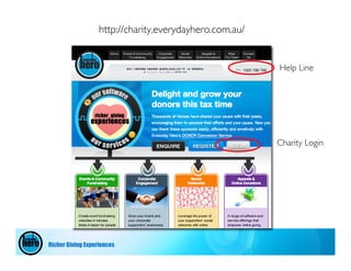 http://charity.everydayhero.com.au/


                                                         Help Line




                                                         Charity Login




Richer Giving Experiences
 