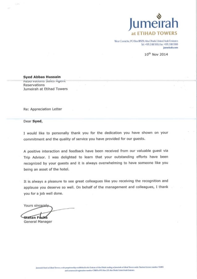 appreciation letter from gm