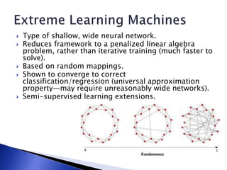  Type of shallow, wide neural network.
 Reduces framework to a penalized linear algebra
problem, rather than iterative training (much faster to
solve).
 Based on random mappings.
 Shown to converge to correct
classification/regression (universal approximation
property—may require unreasonably wide networks).
 Semi-supervised learning extensions.
 
