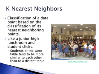  Classification of a data
point based on the
classification of its
nearest neighboring
points.
 Like a junior high
lunchroom and
student clicks.
◦ Students at the same
table tend to be more
similar to each other
than to a distant table. www.wrestlecrap.com
 