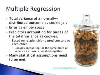  Total variance of a normally-
distributed outcome as cookie jar.
 Error as empty space.
 Predictors accounting for pieces of
the total variance as cookies.
◦ Based on relationship to predictor and to
each other.
 Cookies accounting for the same piece of
variance as those smooshed together.
 Many statistical assumptions need
to be met.
www.zelcoviacookies.com
 