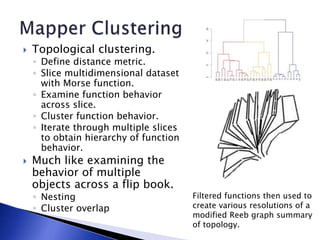  Topological clustering.
◦ Define distance metric.
◦ Slice multidimensional dataset
with Morse function.
◦ Examine function behavior
across slice.
◦ Cluster function behavior.
◦ Iterate through multiple slices
to obtain hierarchy of function
behavior.
 Much like examining the
behavior of multiple
objects across a flip book.
◦ Nesting
◦ Cluster overlap
Filtered functions then used to
create various resolutions of a
modified Reeb graph summary
of topology.
 