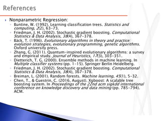  Nonparametric Regression:
◦ Buntine, W. (1992). Learning classification trees. Statistics and
computing, 2(2), 63-73.
◦ Friedman, J. H. (2002). Stochastic gradient boosting. Computational
Statistics & Data Analysis, 38(4), 367-378.
◦ Bäck, T. (1996). Evolutionary algorithms in theory and practice:
evolution strategies, evolutionary programming, genetic algorithms.
Oxford university press.
◦ Zhang, G. (2011). Quantum-inspired evolutionary algorithms: a survey
and empirical study. Journal of Heuristics, 17(3), 303-351.
◦ Dietterich, T. G. (2000). Ensemble methods in machine learning. In
Multiple classifier systems (pp. 1-15). Springer Berlin Heidelberg.
◦ Friedman, J. H. (2002). Stochastic gradient boosting. Computational
Statistics & Data Analysis, 38(4), 367-378.
◦ Breiman, L. (2001). Random forests. Machine learning, 45(1), 5-32.
◦ Chen, T., & Guestrin, C. (2016, August). Xgboost: A scalable tree
boosting system. In Proceedings of the 22nd acm sigkdd international
conference on knowledge discovery and data mining (pp. 785-794).
ACM.
 