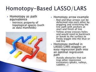 Homotopy arrow example
◦ Red and blue arrows can be
deformed into each other by
wiggling and stretching the
line path with anchors at
start and finish of line
◦ Yellow arrow crosses holes
and would need to backtrack
or break to the surface to
freely wiggle into the blue or
red line
 Homotopy method in
LASSO/LARS wiggles an
easy regression path into
an optimal regression
path
◦ Avoids obstacles that can
trap other regression
estimators (peaks, valleys,
saddles…)
 Homotopy as path
equivalence
◦ Intrinsic property of
topological spaces (such
as data manifolds)
 