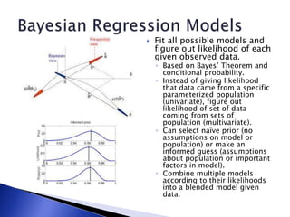  Fit all possible models and
figure out likelihood of each
given observed data.
◦ Based on Bayes’ Theorem and
conditional probability.
◦ Instead of giving likelihood
that data came from a specific
parameterized population
(univariate), figure out
likelihood of set of data
coming from sets of
population (multivariate).
◦ Can select naïve prior (no
assumptions on model or
population) or make an
informed guess (assumptions
about population or important
factors in model).
◦ Combine multiple models
according to their likelihoods
into a blended model given
data.
 