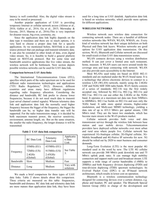 latency is well controlled. Also, the digital video stream is
easy to be stored or processed.
Another popular application of UAV is providing
temporary Internet or cellular network access (Afonso et al.,
2016; Galkin et al., 2016; Gu et al., 2015; Merwaday &
Guvenc, 2015; Sharma et al., 2016).This is very important
for disaster rescue, big even, ceremony, etc.
Since the application data link highly depends on the
data type it translates and there are so much options, it is
very hard to choose a proper data link for a specific
application. As we mentioned before, MAVlink is an open
source protocol that can package and transmit telemetry data.
It can also be extended to other kinds of data, even digital
video stream. So, it is feasible to build a general platform
based on MAVLink protocol. But for some time and
bandwidth sensitive applications like live video stream, the
wireless network will be bottleneck. Next section depicts
possible wireless networks can be used for UAV data link.
Comparison between UAV data links
The International Telecommunication Union (ITU),
specifies which parts of the radio spectrum are to be used for
different radio transmission technologies and applications
("ITU Radio Regulation," 2012). However, different
countries and areas many have different regulations
regarding radio frequency allocation. Considering the
distance and bandwidth, RC link prefer to choose lower
frequencies, because it do not need much data to transmit
(just serval channel control signals). Whereas telemetry data
link and application data link the normally used higher
frequency because the bigger of the frequency, the bigger the
bandwidth can be, so higher data transfer rate will be
supported. For the radio transmission range, it is decided by
both maximum transmit power, the receiver sensitivity,
environment, antenna length, etc. But on the same situation,
the smaller the radio frequency, the longer distance it will be
transmitted.
Table 2 UAV data link comparison
RC Data Link
Telemetry
Data Link
Applicatio
n Data
Link
Frequency
35MHz (EU) 433MHz (EU)
See Table
3.
72MHz (US) 915MHz (US)
2.4GHz
(Global)
2.45GHz
(Global)
Bandwidth Slow Medium Fast
Distance Long Medium
Vary with
solutions
We made a brief comparison for three types of UAV
data links. Table 2 shows details about this comparison.
Three criteria are measured on this table: frequencies,
bandwidth and distance. RC data link and telemetry data link
are more mature than application data link, they have been
used for a long time as UAV datalink. Application data link
is based on wireless networks, which provide more options
for different applications.
WIRELESS NETWORKS
Wireless network uses wireless data connection for
connecting network nodes. There are a handful of different
wireless networks like WPAN, WLAN, WMAN, etc. Every
kind of wireless network has their unique definition on both
Physical and Data link layers. Wireless networks are good
options for UAV application data transmission. On this
section, Wi-Fi, Bluetooth and Cellular network are discussed
for small-sized civilian UAV data transmission scenes.
WLAN connects devices using a wireless distribution
method. It can just cover a limited area such restaurant,
home, museum. A WLAN users can move around inside the
coverage area and keep connecting with network. WLAN
can also provide users accessibility to the Internet.
Most WLANs used today are based on IEEE 802.11
standards and are marketed under the Wi-Fi brand name. It is
a technology that allows electronic devices to connect to a
wireless LAN (WLAN) network, mainly using the 2.4GHz
UHF and 5GHz SHF ISM radio bands. Wi-Fi family consists
of a series of standards; 802.11b was the first widely
accepted one, followed by 802.11a, 802.11g, 802.11n and
802.11ac. 802.11n can use either the 2.4GHz or the 5GHz
band. It operates at a maximum net data rate from 54Mbit/s
to 600Mbit/s. 802.11ac builds on 802.11n and uses only the
5GHz band. It adds more spatial streams, higher-order
modulation, and Multi-user MIMO technology, yielding a
data rate of up to 433.3 Mbit/s per spatial stream, 1300
Mbit/s total. They are the latest two standards, which has
become main stream in the Wi-Fi products market.
Cellular network provides both voice and data
transmission service through the wireless link between base
station and user mobile device. Telecommunication
providers have deployed cellular networks over most urban
and rural area where people live. Cellular network has
experienced 1G-Analogue cellular, 2G-Digital cellular, 3G-
Mobile broadband and 4G-Native IP networks for now. 5G
should be rolled out by 2020 to meet business and consumer
demands.
Long-Term Evolution (LTE) is the most popular 4G
standard used in the word by now. The LTE 4G cellular
network can provide 300 Mbit/s peak downlink rate and 75
Mbit/s uplink peak rates. It can manage high mobility
connection and support multi-cast and broadcast stream. LTE
supports a wide range of carrier bandwidths (1.4MHz to
20MHz) and both frequency division duplexing (FDD) and
time-division duplexing (TDD) spectrum technologies. Its
Evolved Packet Core (EPC) is an IP-based network
architecture, which results in lower cost on operation.
Bluetooth is a wireless communication technology
designed for connecting devices over a certain distance, e.g.
phone and headset, PC and speaker. The Bluetooth Special
Interest Group (SIG) in charge of the development and
 