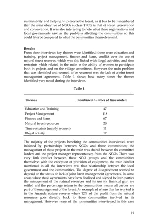 19
sustainability and helping to preserve the forest, as it has to be remembered
that the main objective of NGOs such as TFCG is that of forest preservation
and conservation. It was also interesting to note what these organisations and
local governments saw as the problems affecting the communities so this
could later be compared to what the communities themselves said.
Results
From these interviews key themes were identified; these were education and
training, project management, finance and loans, conflict over the use of
natural forest reserves, which was also linked with illegal activities, and time
restraints which related in the main to the ability of women to participate
both in projects and on the village committees. However the main problem
that was identified and seemed to be recurrent was the lack of a joint forest
management agreement. Table 1 shows how many times the themes
identified were noted during the interviews.
Table 1
Themes Combined number of times noted
Education and Training 47
Project Management 118
Finance and loans 67
Natural forest resources 20
Time restraints (mainly women) 11
Illegal activity 17
The majority of the projects benefiting the communities interviewed were
initiated by partnerships between NGOs and those communities; the
management of those projects in the main was shared between the committee
leaders and the project manager representatives from the NGOs. There was
very little conflict between these NGO groups and the communities
themselves with the exception of provision of equipment, the main conflict
mentioned in all the interviews was that relationship between the local
government and the communities. The degree of disagreement seemed to
depend on the status or lack of joint forest management agreements. In some
areas where these agreements have been finalised and signed by both parties
the management of the natural resources and its use for financial gain are
settled and the percentage return to the communities means all parties are
part of the management of the forest. An example of where this has worked is
in the Amanda nature reserve where 12% of the profit from the natural
resources goes directly back to those communities involved in its
management. However none of the communities interviewed in this case
 