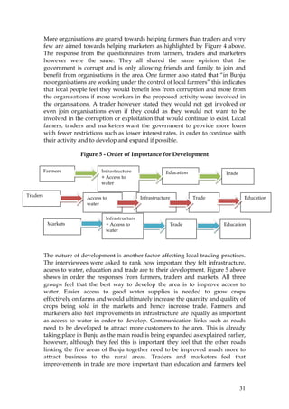 31
More organisations are geared towards helping farmers than traders and very
few are aimed towards helping marketers as highlighted by Figure 4 above.
The response from the questionnaires from farmers, traders and marketers
however were the same. They all shared the same opinion that the
government is corrupt and is only allowing friends and family to join and
benefit from organisations in the area. One farmer also stated that “in Bunju
no organisations are working under the control of local farmers” this indicates
that local people feel they would benefit less from corruption and more from
the organisations if more workers in the proposed activity were involved in
the organisations. A trader however stated they would not get involved or
even join organisations even if they could as they would not want to be
involved in the corruption or exploitation that would continue to exist. Local
famers, traders and marketers want the government to provide more loans
with fewer restrictions such as lower interest rates, in order to continue with
their activity and to develop and expand if possible.
Figure 5 - Order of Importance for Development
The nature of development is another factor affecting local trading practises.
The interviewees were asked to rank how important they felt infrastructure,
access to water, education and trade are to their development. Figure 5 above
shows in order the responses from farmers, traders and markets. All three
groups feel that the best way to develop the area is to improve access to
water. Easier access to good water supplies is needed to grow crops
effectively on farms and would ultimately increase the quantity and quality of
crops being sold in the markets and hence increase trade. Farmers and
marketers also feel improvements in infrastructure are equally as important
as access to water in order to develop. Communication links such as roads
need to be developed to attract more customers to the area. This is already
taking place in Bunju as the main road is being expanded as explained earlier,
however, although they feel this is important they feel that the other roads
linking the five areas of Bunju together need to be improved much more to
attract business to the rural areas. Traders and marketers feel that
improvements in trade are more important than education and farmers feel
Farmers Infrastructure
+ Access to
water
Education Trade
Traders Access to
water
Infrastructure Trade Education
Markets
Infrastructure
+ Access to
water
Trade Education
 
