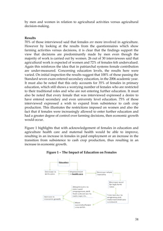 38
by men and women in relation to agricultural activities versus agricultural
decision-making.
Results
70% of those interviewed said that females are more involved in agriculture.
However by looking at the results from the questionnaires which show
farming activities versus decisions, it is clear that the findings support the
view that decisions are predominantly made by men even though the
majority of work is carried out by women. 26 out of 30 interviewees said that
agricultural work is expected of women and 72% of females felt undervalued.
Again this reinforces the idea that in patriarchal systems female contribution
are under-measured. Concerning education levels, the results here were
varied. On initial inspection the results suggest that 100% of those passing the
Standard seven exam entered secondary education, in the 2006 academic year.
It must also be noted that this only accounts for 35% of females in primary
education, which still shows a worrying number of females who are restricted
to their traditional roles and who are not entering further education. It must
also be noted that every female that was interviewed expressed a desire to
have entered secondary and even university level education. 75% of those
interviewed expressed a wish to expand from subsistence to cash crop
production. This illustrates the restrictions imposed on women and also the
fact that if females were increasingly allowed to enter further education and
had a greater degree of control over farming decisions, then economic growth
would occur.
Figure 1 highlights that with acknowledgement of females in education and
agriculture health care and maternal health would be able to improve,
resulting in an increase in females in paid employment or an increase in the
transition from subsistence to cash crop production, thus resulting in an
increase in economic growth.
Figure 1 – The Impact of Education on Females
 