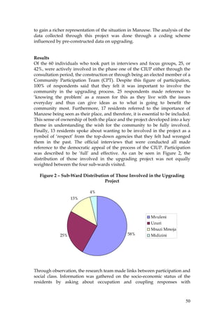50
to gain a richer representation of the situation in Manzese. The analysis of the
data collected through this project was done through a coding scheme
influenced by pre-constructed data on upgrading.
Results
Of the 60 individuals who took part in interviews and focus groups, 25, or
42%, were actively involved in the phase one of the CIUP either through the
consultation period, the construction or through being an elected member of a
Community Participation Team (CPT). Despite this figure of participation,
100% of respondents said that they felt it was important to involve the
community in the upgrading process. 25 respondents made reference to
‘knowing the problem’ as a reason for this as they live with the issues
everyday and thus can give ideas as to what is going to benefit the
community most. Furthermore, 17 residents referred to the importance of
Manzese being seen as their place, and therefore, it is essential to be included.
This sense of ownership of both the place and the project developed into a key
theme in understanding the wish for the community to be fully involved.
Finally, 13 residents spoke about wanting to be involved in the project as a
symbol of ‘respect’ from the top-down agencies that they felt had wronged
them in the past. The official interviews that were conducted all made
reference to the democratic appeal of the process of the CIUP. Participation
was described to be ‘full’ and effective. As can be seen in Figure 2, the
distribution of those involved in the upgrading project was not equally
weighted between the four sub-wards visited.
Figure 2 – Sub-Ward Distribution of Those Involved in the Upgrading
Project
Through observation, the research team made links between participation and
social class. Information was gathered on the socio-economic status of the
residents by asking about occupation and coupling responses with
58%25%
13%
4%
Mvuleni
Uzuri
Mnazi Mmoja
Midizini
 