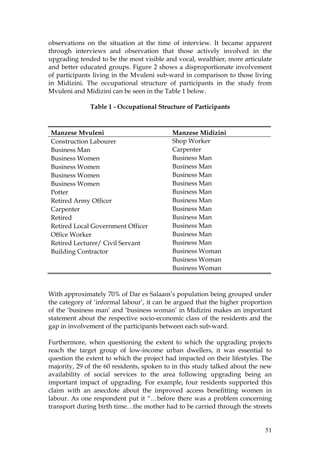 51
observations on the situation at the time of interview. It became apparent
through interviews and observation that those actively involved in the
upgrading tended to be the most visible and vocal, wealthier, more articulate
and better educated groups. Figure 2 shows a disproportionate involvement
of participants living in the Mvuleni sub-ward in comparison to those living
in Midizini. The occupational structure of participants in the study from
Mvuleni and Midizini can be seen in the Table 1 below.
Table 1 - Occupational Structure of Participants
Manzese Mvuleni Manzese Midizini
Construction Labourer Shop Worker
Business Man Carpenter
Business Women Business Man
Business Women Business Man
Business Women Business Man
Business Women Business Man
Potter Business Man
Retired Army Officer Business Man
Carpenter Business Man
Retired Business Man
Retired Local Government Officer Business Man
Office Worker Business Man
Retired Lecturer/ Civil Servant Business Man
Building Contractor Business Woman
Business Woman
Business Woman
With approximately 70% of Dar es Salaam’s population being grouped under
the category of ‘informal labour’, it can be argued that the higher proportion
of the ‘business man’ and ‘business woman’ in Midizini makes an important
statement about the respective socio-economic class of the residents and the
gap in involvement of the participants between each sub-ward.
Furthermore, when questioning the extent to which the upgrading projects
reach the target group of low-income urban dwellers, it was essential to
question the extent to which the project had impacted on their lifestyles. The
majority, 29 of the 60 residents, spoken to in this study talked about the new
availability of social services to the area following upgrading being an
important impact of upgrading. For example, four residents supported this
claim with an anecdote about the improved access benefitting women in
labour. As one respondent put it “…before there was a problem concerning
transport during birth time…the mother had to be carried through the streets
 