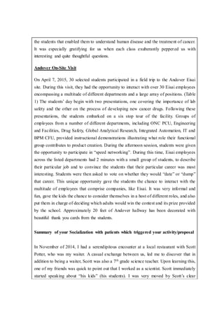 the students that enabled them to understand human disease and the treatment of cancer.
It was especially gratifying for us when each class exuberantly peppered us with
interesting and quite thoughtful questions.
Andover On-Site Visit
On April 7, 2015, 30 selected students participated in a field trip to the Andover Eisai
site. During this visit, they had the opportunity to interact with over 30 Eisai employees
encompassing a multitude of different departments and a large array of positions. (Table
1) The students’ day begin with two presentations, one covering the importance of lab
safety and the other on the process of developing new cancer drugs. Following these
presentations, the students embarked on a six stop tour of the facility. Groups of
employees from a number of different departments, including ONC PCU, Engineering
and Facilities, Drug Safety, Global Analytical Research, Integrated Automation, IT and
BPM CFU, provided instructional demonstrations illustrating what role their functional
group contributes to product creation. During the afternoon session, students were given
the opportunity to participate in “speed networking”. During this time, Eisai employees
across the listed departments had 2 minutes with a small group of students, to describe
their particular job and to convince the students that their particular career was most
interesting. Students were then asked to vote on whether they would “date” or “dump”
that career. This unique opportunity gave the students the chance to interact with the
multitude of employees that comprise companies, like Eisai. It was very informal and
fun, gave the kids the chance to consider themselves in a host of different roles, and also
put them in charge of deciding which adults would win the contest and its prize provided
by the school. Approximately 20 feet of Andover hallway has been decorated with
beautiful thank you cards from the students.
Summary of your Socialization with patients which triggered your activity/proposal
In November of 2014, I had a serendipitous encounter at a local restaurant with Scott
Potter, who was my waiter. A casual exchange between us, led me to discover that in
addition to being a waiter, Scott was also a 7th grade science teacher. Upon learning this,
one of my friends was quick to point out that I worked as a scientist. Scott immediately
started speaking about “his kids” (his students). I was very moved by Scott’s clear
 