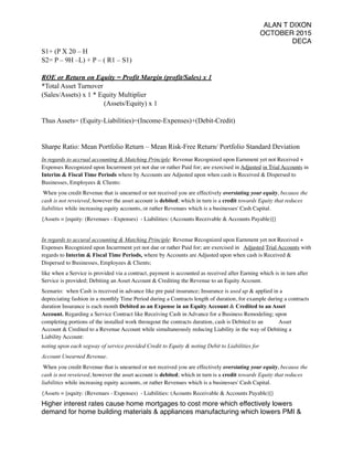 ALAN T DIXON
OCTOBER 2015
DECA
S1+ (P X 20 – H
S2= P – 9H –L) + P – ( R1 – S1)
ROE or Return on Equity = Profit Margin (profit/Sales) x 1
*Total Asset Turnover
(Sales/Assets) x 1 * Equity Multiplier
(Assets/Equity) x 1
Thus Assets= (Equity-Liabilities)=(Income-Expenses)+(Debit-Credit)
Sharpe Ratio: Mean Portfolio Return – Mean Risk-Free Return/ Portfolio Standard Deviation
In regards to accrual accounting & Matching Principle: Revenue Recognized upon Earnment yet not Received +
Expenses Recognized upon Incurrment yet not due or rather Paid for; are exercised in Adjusted in Trial Accounts in
Interim & Fiscal Time Periods where by Accounts are Adjusted upon when cash is Received & Dispersed to
Businesses, Employees & Clients:
 When you credit Revenue that is unearned or not received you are effectively overstating your equity, because the
cash is not reveieved, however the asset account is debited; which in turn is a credit towards Equity that reduces
liabilities while increasing equity accounts, or rather Revenues which is a businesses' Cash Capital.
{Assets = [equity: (Revenues - Expenses)  - Liabilities: (Accounts Receivable & Accounts Payable)]}
In regards to accural accounting & Matching Principle: Revenue Recognized upon Earnment yet not Received +
Expenses Recognized upon Incurrment yet not due or rather Paid for; are exercised in   Adjusted Trial Accounts with
regards to Interim & Fiscal Time Periods, where by Accounts are Adjusted upon when cash is Received &
Dispersed to Businesses, Employees & Clients;
like when a Service is provided via a contract, payment is accounted as received after Earning which is in turn after
Service is provided; Debiting an Asset Account & Crediting the Revenue to an Equity Account. 
Scenario:  when Cash is received in advance like pre paid insurance; Insurance is used up & applied in a
depreciating fashion in a monthly Time Period during a Contracts length of duration, for example during a contracts
duration Insurance is each month Debited as an Expense in an Equity Account & Credited to an Asset
Account. Regarding a Service Contract like Receiving Cash in Advance for a Business Remodeling; upon
completing portions of the installed work througout the contracts duration, cash is Debited to an           Asset
Account & Credited to a Revenue Account while simultaneously reducing Liability in the way of Debiting a
Liability Account:
noting upon each segway of service provided Credit to Equity & noting Debit to Liabilities for
Account Unearned Revenue.
 When you credit Revenue that is unearned or not received you are effectively overstating your equity, because the
cash is not reveieved, however the asset account is debited; which in turn is a credit towards Equity that reduces
liabilities while increasing equity accounts, or rather Revenues which is a businesses' Cash Capital.
{Assets = [equity: (Revenues - Expenses)  - Liabilities: (Acounts Receivable & Accounts Payable)]}
Higher interest rates cause home mortgages to cost more which effectively lowers
demand for home building materials & appliances manufacturing which lowers PMI &
 