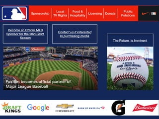 The Return is Imminent
Sponsorship
Local
TV Rights
Licensing
Public
Relations
Donate
Food &
Hospitality
Become an Ofﬁcial MLB
Sponsor for the 2020-2021
Season
Contact us if interested
In purchasing media
 