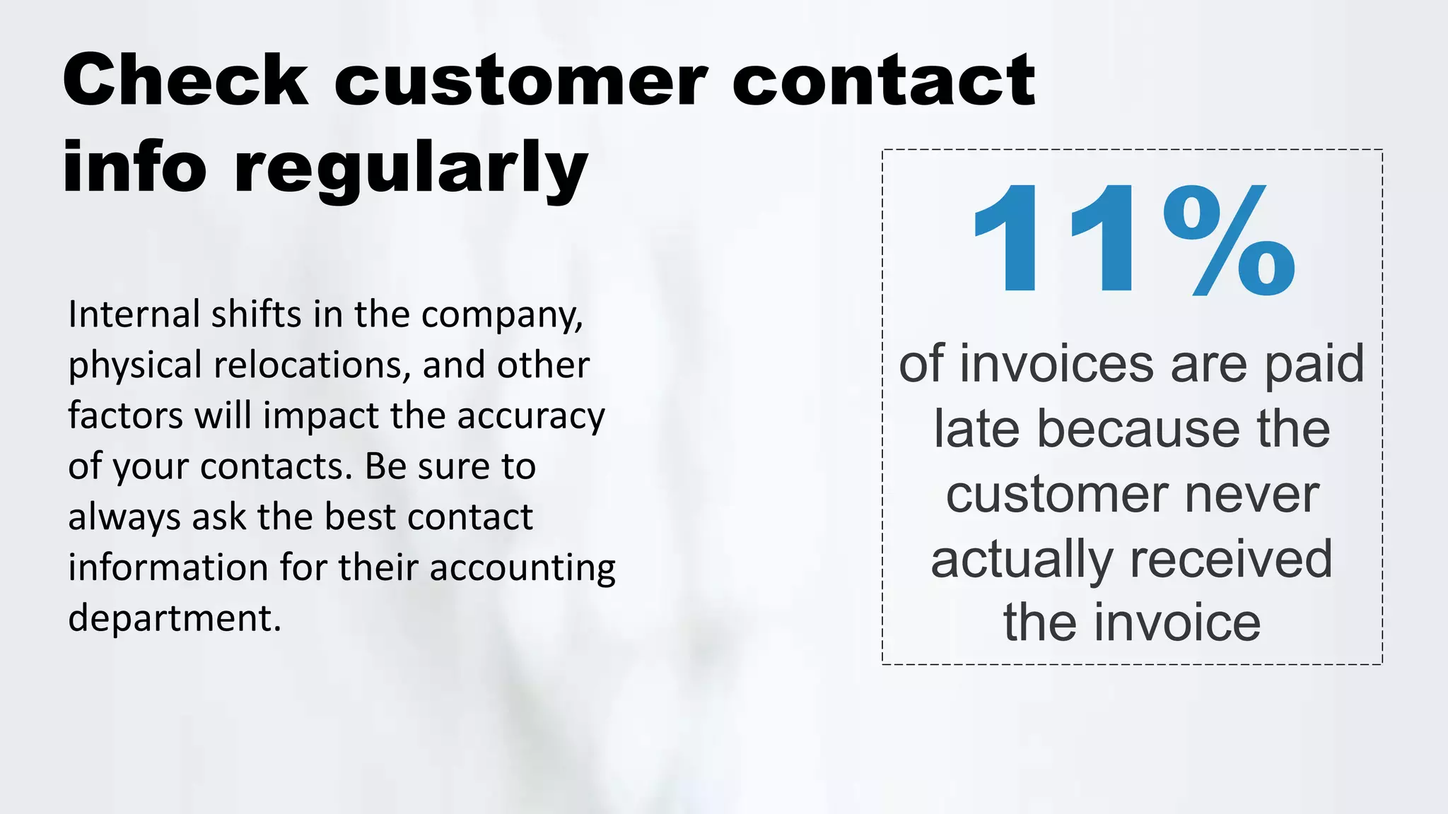 11%
of invoices are paid
late because the
customer never
actually received
the invoice
Check customer contact
info regularly
Internal shifts in the company,
physical relocations, and other
factors will impact the accuracy
of your contacts. Be sure to
always ask the best contact
information for their accounting
department.
 