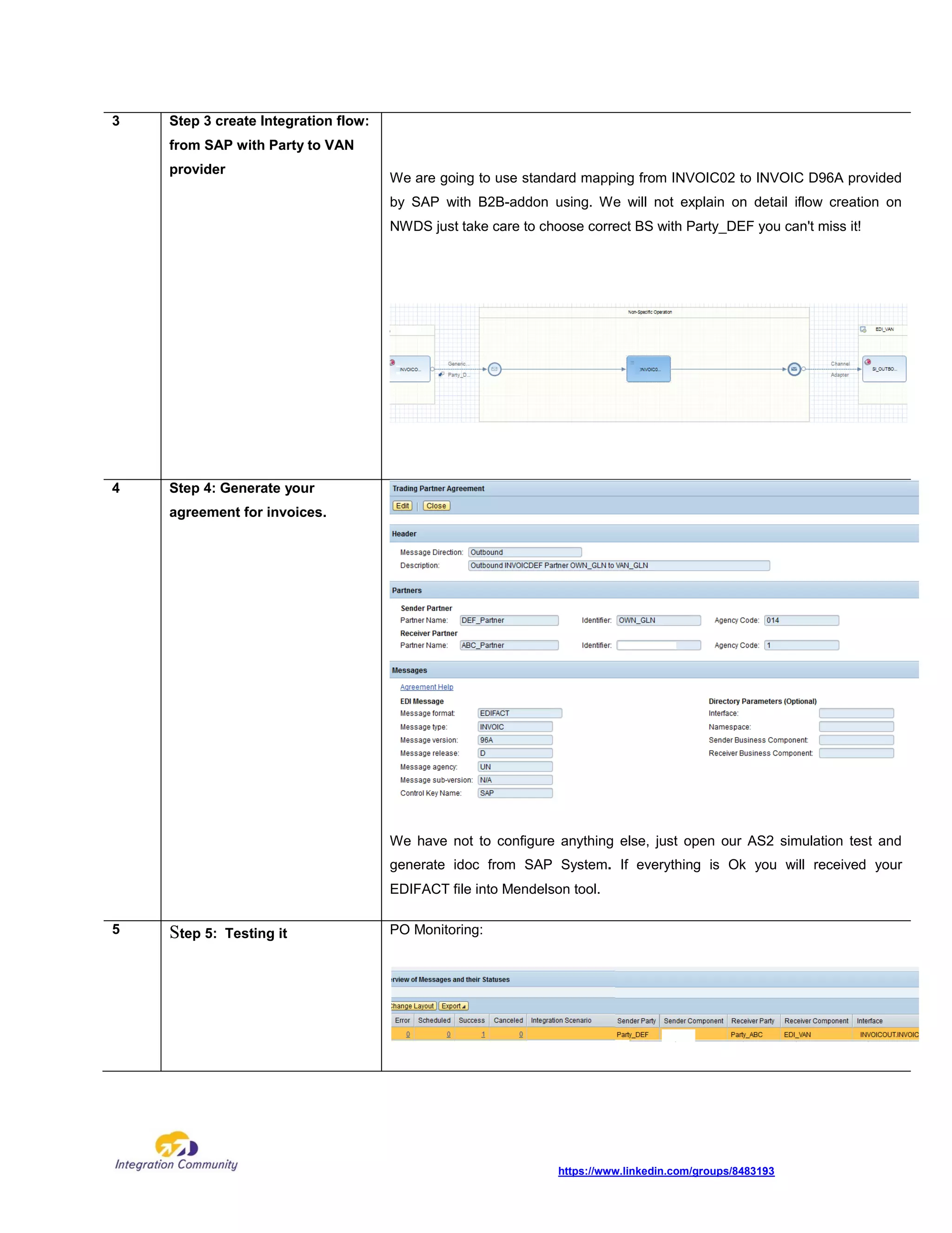 https://www.linkedin.com/groups/8483193
3 Step 3 create Integration flow:
from SAP with Party to VAN
provider
We are going to use standard mapping from INVOIC02 to INVOIC D96A provided
by SAP with B2B-addon using. We will not explain on detail iflow creation on
NWDS just take care to choose correct BS with Party_DEF you can't miss it!
4 Step 4: Generate your
agreement for invoices.
We have not to configure anything else, just open our AS2 simulation test and
generate idoc from SAP System. If everything is Ok you will received your
EDIFACT file into Mendelson tool.
5 Step 5: Testing it PO Monitoring:
 