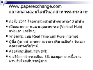 Www.paperexchange.com  ตลาดกลางออนไลน์ในอุตสาหกรรมกระดาษ ก่อตั้ง  2541  โดยการรวมตัวบริษัทกระดาษ 10  บริษัท เป็นตลาดกลางเฉพาะอุตสาหกรรม   (Vertical Hub)  แห่งแรก และใหญ่ ทำธุรกรรมแบบ   Real Time  และ  Pure Internet ผู้ซื้อ - ผู้ขายสามารถตกลงราคา ปริมาณสินค้า วันเวลาส่งสอบทางเว็บไซต์ ต้องสมัครเป็นสมาชิก  ( ฟรี ) รายได้จากค่าธรรมเนียม  3 %   ของมูลค่าการซื้อขายผ่านเว็บโดยเก็บจากผู้ขาย 