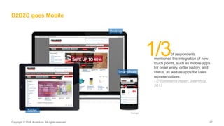 Copyright © 2016 Accenture. All rights reserved. 27Copyright © 2016 Accenture. All rights reserved. 27
B2B2C goes Mobile
1/3of respondents
mentioned the integration of new
touch points, such as mobile apps
for order entry, order history, and
status, as well as apps for sales
representatives.
- E-commerce report, Intershop,
2013
 