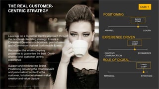 Copyright © 2016 Accenture. All rights reserved. 37Copyright © 2016 Accenture. All rights reserved. 37
THE REAL CUSTOMER-
CENTRIC STRATEGY
APPAREL LUXURY
Luxury
CG&P
POSITIONING
CONTENT/
COMMUNICATION
ECOMMERCE
Luxury
CG&P
EXPERIENCE DRIVEN
MARGINAL STRATEGIC
Luxury
CG&P
ROLE OF DIGITAL
Leverage on a Customer Centric Approach through
the next level clienteling strategy. Ensure a
Consistent Ceremony in boutique, point of sales
and eCommerce channel (both mobile & web)
Reconsider the whole company
processes to guarantee the best Omni-
channel and customer centric
experience
Support and reinforce the Brand
Positioning providing the most relevant
and personalized content to the
customer, to balance between value
creation and value capture
CASE 1
 