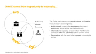 Copyright © 2016 Accenture. All rights reserved. 8Copyright © 2016 Accenture. All rights reserved. 8
OmniChannel from opportunity to necessity…
The Digital era is transforming expectations, and needs.
Consumers are becoming more:
• Multichannel, in need of a seamless and coherent
experience across all the brand’s touchpoints
• Informed and expecting to receive from their favourite
brands an offer that is tailored to their specific needs
• Demanding, with the need to be engaged in meaningful
stories
Multichannel
Informed
Demanding
 