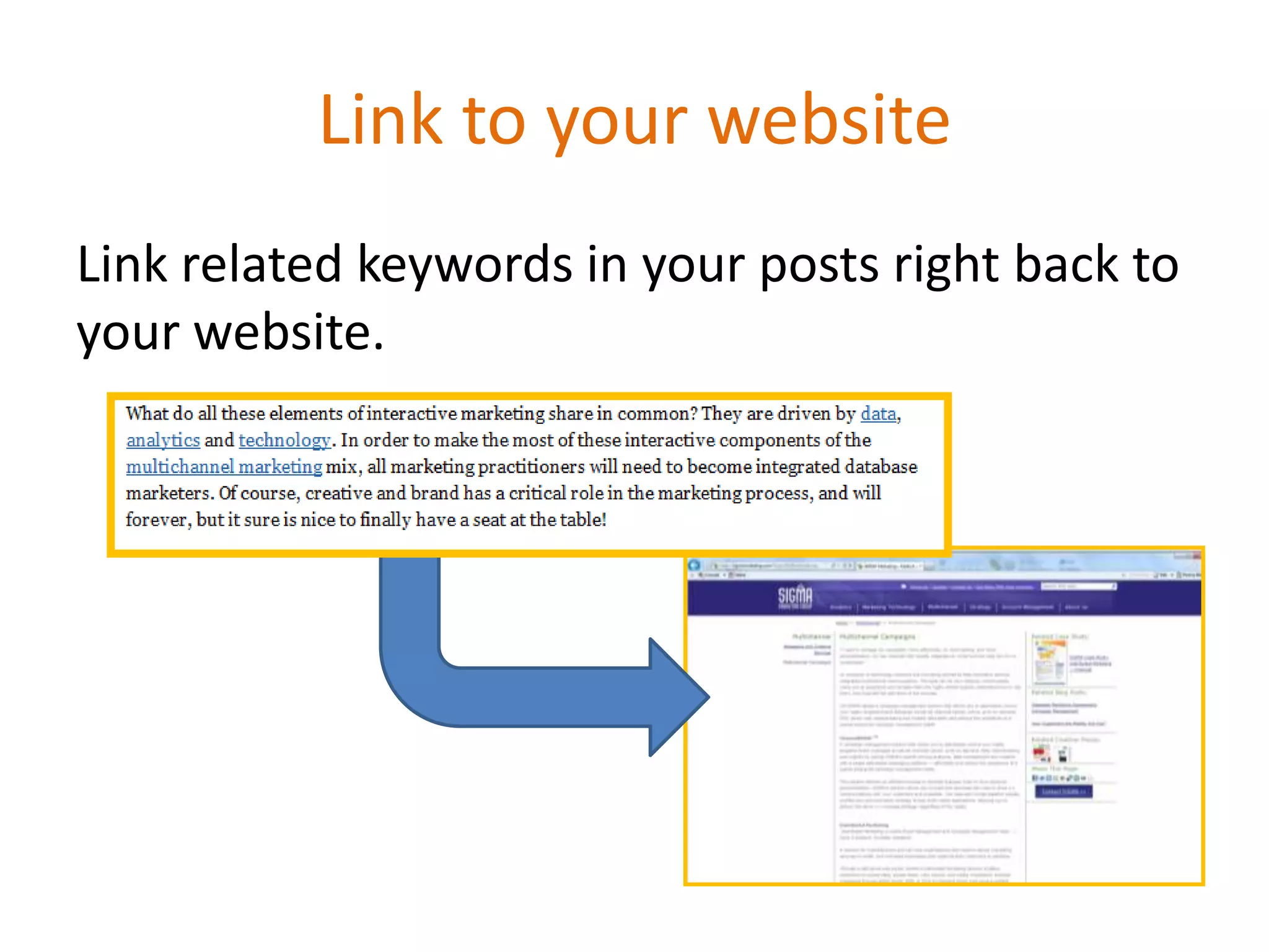 Link to your website
Link related keywords in your posts right back to
your website.
 