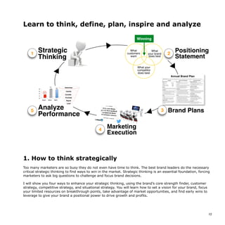 Learn to think, define, plan, inspire and analyze
1. How to think strategically
Too many marketers are so busy they do not even have time to think. The best brand leaders do the necessary
critical strategic thinking to find ways to win in the market. Strategic thinking is an essential foundation, forcing
marketers to ask big questions to challenge and focus brand decisions.
I will show you four ways to enhance your strategic thinking, using the brand’s core strength finder, customer
strategy, competitive strategy, and situational strategy. You will learn how to set a vision for your brand, focus
your limited resources on breakthrough points, take advantage of market opportunities, and find early wins to
leverage to give your brand a positional power to drive growth and profits.
15
We help brands find growth.
We make brand leaders smarter.
belovedbrands
How we will communicate to customers
• As a director in rehearsals, you can see the emotion on
the faces of the actors. However, we hear from directors
all the time that as you fill the house for opening night,
only those in the first few rows really see that magic.
• Gray’s Lighting Inspiring lighting that brings the
actors faces to life for theatre patrons
• That’s because in 4 week test, using Grays, has shown
that theatre patrons can notice every facial detail from the
40th row of the theatre. We have testimonials from 20
leading Broadway theatre directors. Steven Jones said,
“With Gray’s Lighting, our actors say they now hear every
giggle and gasp in the audience, inspiring their best
performance every night.”
GRAYSStage Lighting
Gray’s Lighting gives your theatrical
show an added touch of lighting magic
Try Gray’s Lighting tobring magic to your show GRAYSStage Lighting
Strategic
Thinking
Positioning
Statement
Analyze
Performance
2
5
1
0"
2"
4"
6"
8"
Gray's" Norm" Dad's"
2.2"
7.3"
6.8"
Gray's'
Norm'
5" 18"
45"
32"
weekly"
monthly"
4x"per"year"
1x"per"year"
What
customers
want
What your
competitor
does best
Winning
What
your brand
does best
3 Brand Plans
We help brands find growth.
We make brand leaders smarter.
belovedbrands
How we will communicate to customers
• As a director in rehearsals, you can see the emotion on
the faces of the actors. However, we hear from directors
all the time that as you fill the house for opening night,
only those in the first few rows really see that magic.
• Gray’s Lighting Inspiring lighting that brings the
actors faces to life for theatre patrons
• That’s because in 4 week test, using Grays, has shown
that theatre patrons can notice every facial detail from the
40th row of the theatre. We have testimonials from 20
leading Broadway theatre directors. Steven Jones said,
“With Gray’s Lighting, our actors say they now hear every
giggle and gasp in the audience, inspiring their best
performance every night.”
GRAYSStage Lighting
Gray’s Lighting gives your theatrical
show an added touch of lighting magic
Try Gray’s Lighting tobring magic to your show
GRAYSStage Lighting
Strategic
Thinking
Positioning
Statement
Analyze
Performance
2
5
1
0"
2"
4"
6"
8"
Gray's" Norm" Dad's"
2.2"
7.3"
6.8"
Gray's'
Norm'
5" 18"
45"
32"
weekly"
monthly"
4x"per"year"
1x"per"year"
What
customers
want
What your
competitor
does best
Winning
What
your brand
does best
3
Marketing
Plans
Annual Marketing Plan
Analysis Issues and Strategies Execution Plans
P&L forecast
• Sales $30,385
• Gross Margin $17,148
• GM % 56%
• Marketing Budget $8,850
• Contribution Margin $6,949
• CM% 23%
Drivers
• Taste drives a high conversion of Trial to
Purchase
• Strong Listings in Food Channels
• Exceptional brand health scores among
Early Adopters. Highly Beloved Brand
among niche.
Inhibitors
• Low familiar yet to turn our sales into loyalty
• Awareness held back due to weak
Advertising
• Low distribution at specialty stores. Poor
coverage.
• Low Purchase Frequency among most
loyal.
Risks
• Launch of Mainstream cookie brands
(Pepperidge Farms and Nabisco).
• De-listing 2 weakest skus weakened our in-
store presence
• Legal challenge to taste claims
Opportunities
• R&D has 5 new flavors in development.
• Sales Broker gains at Specialty Stores
• Use social media to convert loyal following.
Key Issues
1.What’s the priority choice for growth: find
new users or drive usage frequency among
loyalists?
2.Where should the investment/resources
focus and deployment be to drive our
awareness and share needs for Gray’s?
3.How will we defend Gray’s against the
proposed Q1 2014 ‘healthy cookie’
launches from Pepperidge Farms and
Nabisco?
Strategies
1.Continue to attract new users to Gray’s
2.Focus investment on driving awareness
and trial with new consumers and building
a presence at retail.
3.Build defence plan against new entrants to
defends with consumers and at store level.
Goals
• Increase penetration from 10% to 12%,
specifically up from 15% to 20% with the
core target. Monitor usage frequency
among the most loyal to ensure it stays
steady.
• Increase awareness from 33% to 42%,
specifically up from 45% to 50% within the
core target. Drive trial from 15% to 20%.
Close distribution from 62% to 72%.
• Hold dollar share during competitive
launches. Grow 11% post launch gaining up
to 1.2% share. Target zero losses at shelf.
Advertising
• Use awareness to drive trial of the new
Grays. Target “Proactive Preventers”.
Suburban working women, 35-40.Main
Message of “great tasting cookie without the
guilt, so you can stay in control of your
health”. Media includes 15 second TV,
specialty health magazines, event signage,
digital and social media
Sampling
• Drive trial with In-store sampling at grocery,
Costco, health food stores and event
sampling at fitness, yoga, women’s
networking, new moms.
Distribution
• Support Q4 retail blitz with message
focused on holding shelf space during the
competitive launches. Q2 specialty blitz to
grow distribution at key specialty stores.
Innovation
• Launch two new flavours in Q4/15 & Q4/16.
Explore diet claims, motivating and own-
able.
Competitive Defence Plan
• Pre Launch sales blitz to shore up all
distribution gaps. At launch, heavy
merchandising, locking up key ad dates,
BOGO. TV, print, coupons, in-store
sampling.
• Use sales story that any new “healthy”
cookies should displace under-performing
and declining unhealthy cookies.
Brand Vision: Be first ‘healthy cookie’ to generate craving, popularity and sales of a mainstream cookie. $100 Million by 2024.
4
Marketing
Execution
4
Marketing
Execution
Annual Brand Plan
Analysis Issues and Strategies Executional Plans
P&L forecast
• Sales $30,385
• Gross Margin $17,148
• GM % 56%
• Marketing Budget $8,850
• Contribution Margin $6,949
• CM% 23%
Drivers• In theater tests and director’s brand satisfaction converts trial to purchase.
• Strong support from the Broadway directors—
creates key influencers to go to new markets.• Exceptional brand health scores among Early Adopters. Highly Beloved Brand among niche.
Inhibitors
• Awareness weak—especially with production
houses—who are more focused on price.
• Low distribution at product houses segment
due to poor sales coverage.
• Low repeat frequency, even among loyal.
Directors need to re-sell each new order.
Risks
• Launch of Mainstream lighting brands (GE,
Philips).
• De-listing 2 weakest skus in contractor
segment weakens overall presence
• Legal Challenge to competitive claims
Opportunities
• R&D has 5 new designs in development.
• Sales Broker create gains at contractors
• Explore social media to convert loyal
following.
Key Issues
1. How do we shift Gray’s from a product-led
launch into an idea-led brand to own
“magic”?
2. How do we use loyal advocates to establish
Gray’s in the production house buyer’s mind?
3. How do we defend against entry of
mainstream lighting (GE, Philips) into the
high-end stage lighting segment?
Strategies
1. Content marketing to get Broadway directors
to book a demo program and trade up
2. Use demo program to sign up highly
motivated theater directors and drive share
3. Use high performance claims to defend
against new entrants with most loyal high
volume directors to hold onto key customers.
Goals
• Increase penetration from 10% to 12%,
specifically up from 15% to 20% with the core
target. Monitor usage frequency among the
most loyal to ensure it stays steady.
• Increase awareness from 33% to 42%,
specifically up from 45% to 50% within the
core target. Drive trial from 15% to 20%.
• Hold dollar share during competitive launches
and continue to grow 11% post launch gaining
up to 1.2% share. Target zero losses at shelf.
Content Marketing
• White Papers on the impact of lighting.
• Video story telling of our case studies, using
our loyal directors to tell story.
• Video interviews of patrons to highlight the
impact of the lighting.
Influencer Program
• Use key influential directors
• Tell story through social media
• Film one of the demos
Distribution
• Support Q4 sales blitz with message focused
on holding shelf space during the competitive
launches. Q2 contractor blitz to grow
distribution at key contractor stores.
Social Media
• Social Media program
• Direct mailer nationally
Competitive Attack Plan
• Pre Launch sales blitz to shore up all
distribution gaps. At launch, heavy
merchandising, BOGO. In-theater demo.
• Claims data vs competitors
• Industry advisory panel
Innovation
• Building new product pipeline.
• Explore lighting options for social media
• New face recognition claims.
Brand Vision: Be the lighting brand Broadway directors see as essential to their show. Make Gray’s a $100 Million brand by 2022.
 