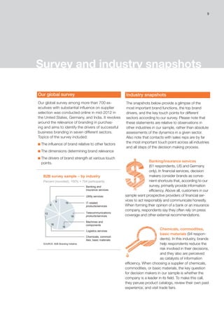 9
Industry snapshots
The snapshots below provide a glimpse of the
most important brand functions, the top brand
drivers, and the key touch points for different
sectors according to our survey. Please note that
these statements are relative to observations in
other industries in our sample, rather than absolute
assessments of the dynamics in a given sector.
Also note that contacts with sales reps are by far
the most important touch point across all industries
and all steps of the decision making process.
Banking/insurance services
(61 respondents, US and Germany
only). In financial services, decision
makers consider brands as conve-
nient shortcuts that, according to our
survey, primarily provide information
efficiency. Above all, customers in our
sample want prospective providers of financial ser-
vices to act responsibly and communicate honestly.
When forming their opinion of a bank or an insurance
company, respondents say they often rely on press
coverage and other external recommendations.
Chemicals, commodities,
basic materials (94 respon-
dents). In this industry, brands
help respondents reduce the
risk involved in their decisions,
and they also are perceived
as catalysts of information
efficiency. When choosing a supplier of chemicals,
commodities, or basic materials, the key question
for decision makers in our sample is whether the
company is a leader in its field. To make this call,
they peruse product catalogs, review their own past
experience, and visit trade fairs.
Survey and industry snapshots
Our global survey
Our global survey among more than 700 ex-
ecutives with substantial influence on supplier
selection was conducted online in mid-2012 in
the United States, Germany, and India. It revolves
around the relevance of branding in purchas-
ing and aims to identify the drivers of successful
business branding in seven different sectors.
Topics of the survey included:
The influence of brand relative to other factors
The dimensions determining brand relevance
The drivers of brand strength at various touch
points.
B2B survey sample – by industry
SOURCE: B2B Branding Initiative
Percent (rounded); 100% = 704 participants
9
9
13
16
16
18
19 IT-related
products/services
Telecommunications
products/services
Machines and
components
Logistics services
Chemicals, commod-
ities, basic materials
Utility services
Banking and
insurance services
 