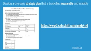 Develop a one-page strategic plan that is trackable, measurable and scalable
http://www2.salesloft.com/mktg-q4
@localATLast