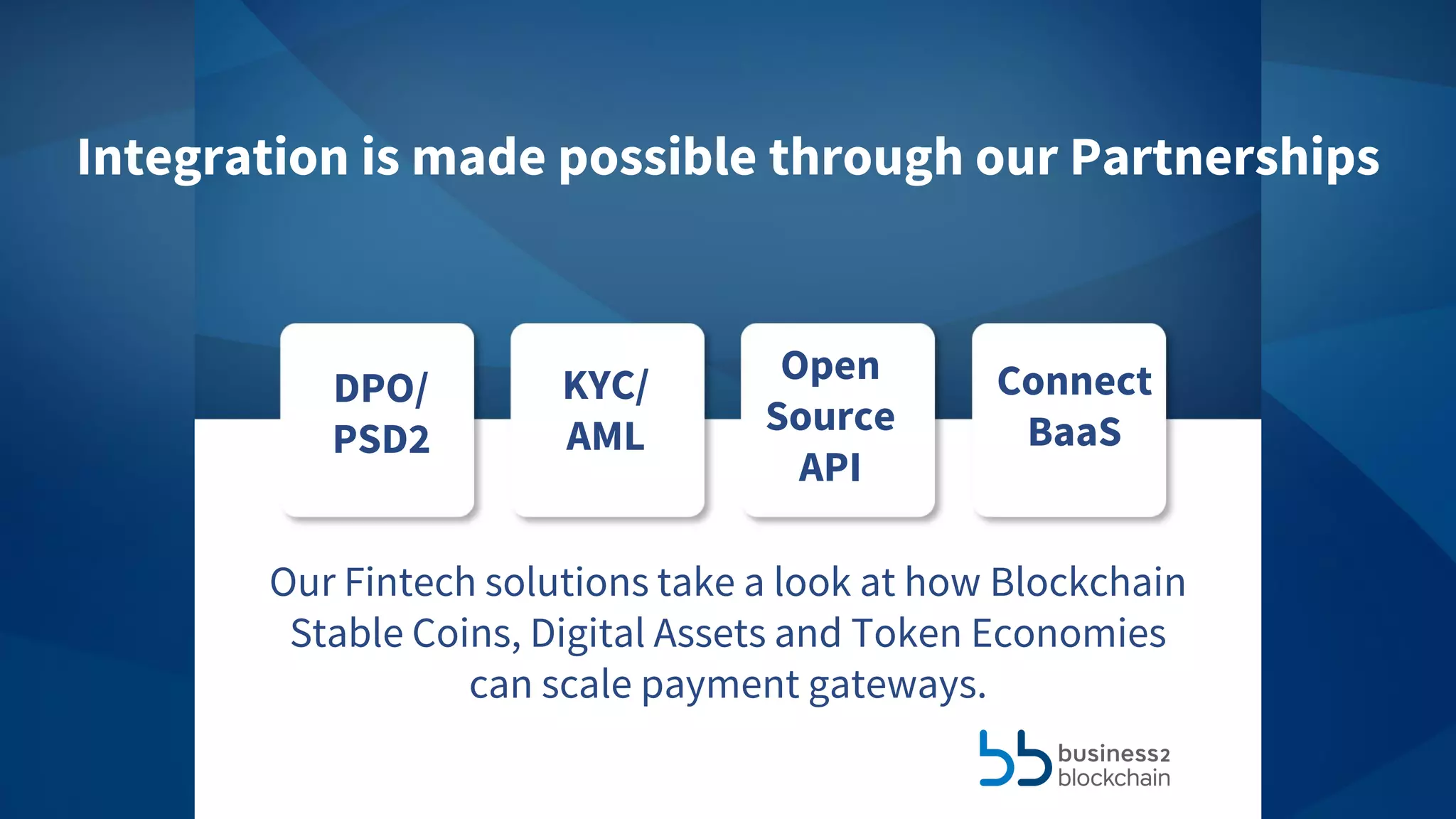 Fintech
Our Fintech solutions take a look at how Blockchain
Stable Coins, Digital Assets and Token Economies
can scale payment gateways.
Integration is made possible through our Partnerships
KYC/
AML
DPO/
PSD2
Open
Source
API
Connect
BaaS
 