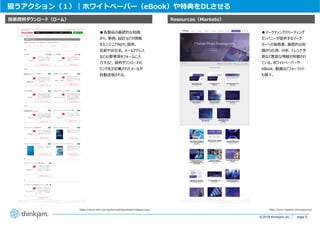 page 9
page 9©2019 thinkjam.inc.
狙うアクション（１）｜ホワイトペーパー（eBook）や特典をDLさせる
https://micro.rohm.com/jp/techweb/downloads?clickpos=over
Resources（Marketo）技術資料ダウンロード（ローム）
https://www.marketo.com/resources/
●マーケティングのリーディング
カンパニーが提供するマーケ
ターへの指南書。基礎的な知
識から応⽤、分析、トレンド予
測など豊富な情報が⽤意され
ている。ホワイトペーパーや
eBook、動画などフォーマット
も様々。
●各製品の基礎的な知識
から、事例、設計などの情報
をエンジニア向けに提供。
名前や会社名、メールアドレス
など必要事項をフォームに⼊
⼒すると、資料ダウンロードの
リンク先が記載されたメールが
⾃動送信される。
 