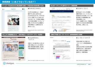 page 7
page 7©2019 thinkjam.inc.
実態調査（いまどうなっているの︖）
●サイボウズ式（サイボウズ）
サイボウズは世間からよく、 「⾃由で
働きやすい会社」と⾔われるが、
それが本当なのかどうか、「今のサイボ
ウズには、働きづらいところがないのだ
ろうか」をテーマに、⼤企業から転職し
てきた社員3名⿍談（ていだん）を
掲載。サイボウズのリアルな課題から、
社員が実践している解決法までを
語り合っている。
チームワークの会社なのに実は縦割り主義︖ 中途社員の本⾳を聞いてみた
汗とニオイ対策調査2019 〜制汗剤はシートがパウダースプレーを逆転〜
●Intage知るGallery
（インテージ）
全国15〜69 歳の男⼥2,108⼈を
対象に実施した汗とニオイに関する
意識・実態調査の結果を、制汗剤
市場の最新動向と合わせてご紹介。
●プレスリリース（シャノン）
国内BtoBマーケティングの意識・
課題や現状について、マーケティング・
販促担当の⽅を対象にアンケート調
査を実施。その調査結果と分析
内容を発表している。
アンケート結果だけでなく、市場動向
調査やノウハウをまとめた資料を積極
的に作成し、公開している。
BtoBマーケティングに関するアンケート調査実施
企業の『外部⼈材（フリーランス）活⽤実態調査』を発表
●ニュースリリース（ランサーズ）
全国の企業に対し『外部⼈材
（フリーランス）活⽤実態調査』を
実施。
企業における外部⼈材活⽤の実態
を把握するために、活⽤の⽬的や
効果、活⽤における課題について
調査を⾏い、結果を報告。
https://cybozushiki.cybozu.co.jp/articles/m0054
02.html
https://www.intage.co.jp/gallery/ase-nioi-2019/ https://www.lancers.co.jp/news/pr/17978/
https://www.shanon.co.jp/corporation/news/20
16/03/btob-6kpi73.html
 