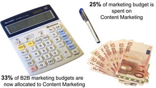 25% of marketing budget is
spent on
Content Marketing
33% of B2B marketing budgets are
now allocated to Content Marketing
 
