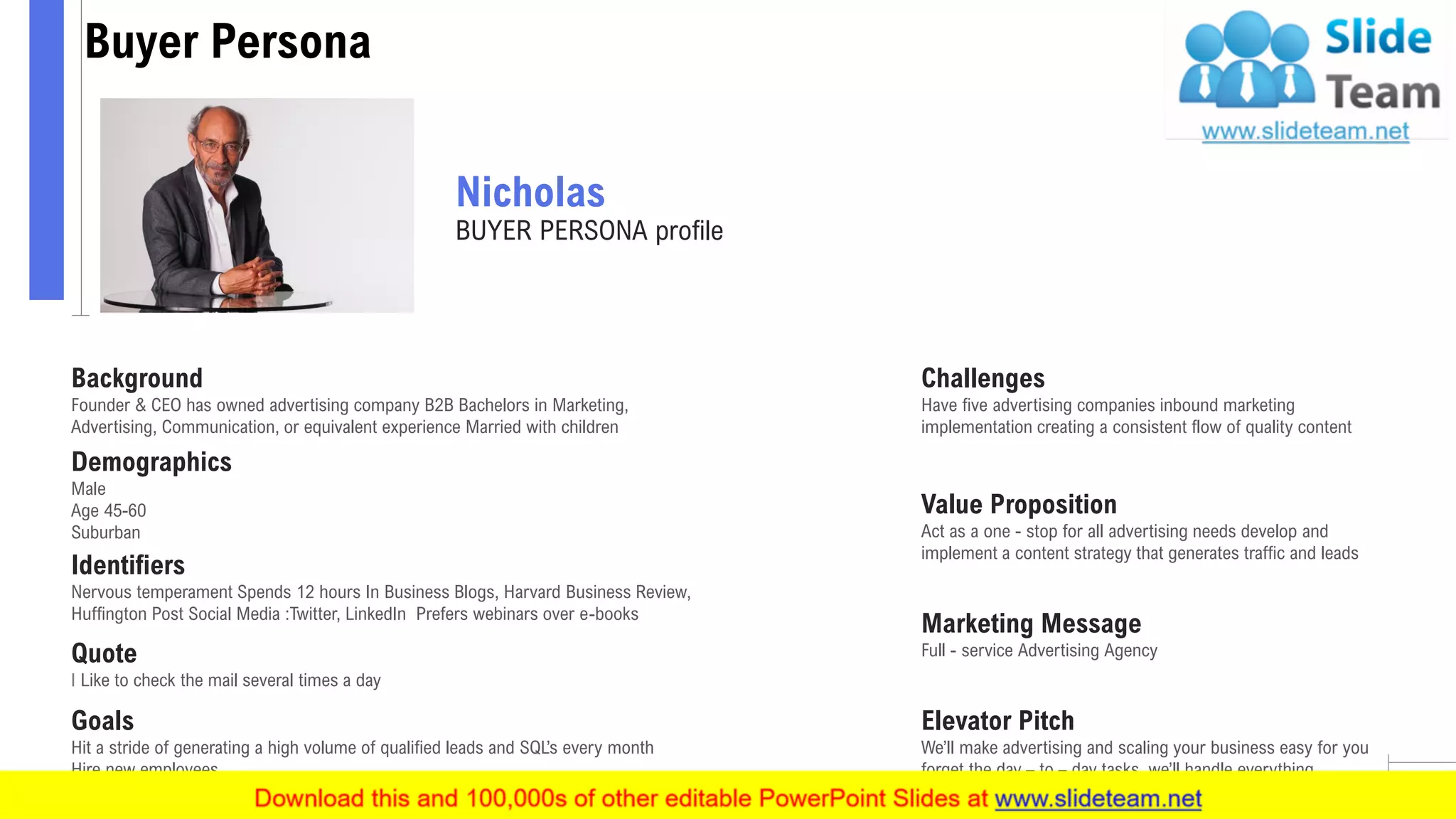 Buyer Persona
22
Background
Founder & CEO has owned advertising company B2B Bachelors in Marketing,
Advertising, Communication, or equivalent experience Married with children
Demographics
Male
Age 45-60
Suburban
Quote
I Like to check the mail several times a day
Goals
Hit a stride of generating a high volume of qualified leads and SQL’s every month
Hire new employees
Challenges
Have five advertising companies inbound marketing
implementation creating a consistent flow of quality content
Value Proposition
Act as a one - stop for all advertising needs develop and
implement a content strategy that generates traffic and leads
Marketing Message
Full - service Advertising Agency
Elevator Pitch
We’ll make advertising and scaling your business easy for you
forget the day – to – day tasks, we’ll handle everything.
Nicholas
BUYER PERSONA profile
Identifiers
Nervous temperament Spends 12 hours In Business Blogs, Harvard Business Review,
Huffington Post Social Media :Twitter, LinkedIn Prefers webinars over e-books
 