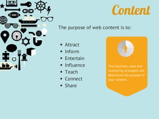 Content
The purpose of web content is to:
Attract
Inform
Entertain
Influence
Teach
Connect
Share
Your business, sales and
marketing strategies will
determine the purpose of
your content.
 