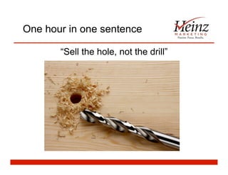 One hour in one sentence
“Sell the hole, not the drill”
 