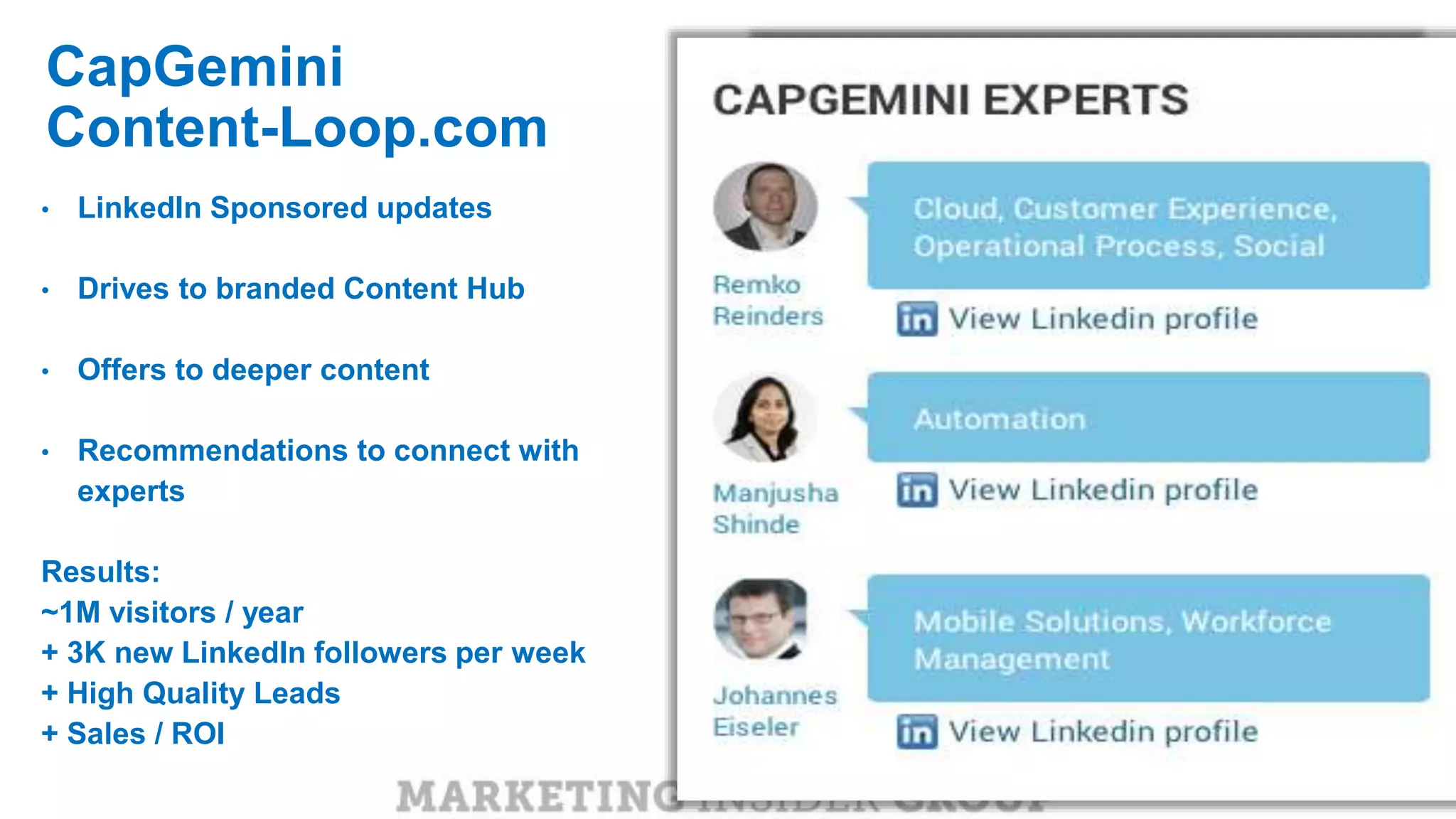 MARKETING INSIDER GROUP
CapGemini
Content-Loop.com
• LinkedIn Sponsored updates
• Drives to branded Content Hub
• Offers to deeper content
• Recommendations to connect with
experts
Results:
~1M visitors / year
+ 3K new LinkedIn followers per week
+ High Quality Leads
+ Sales / ROI
 