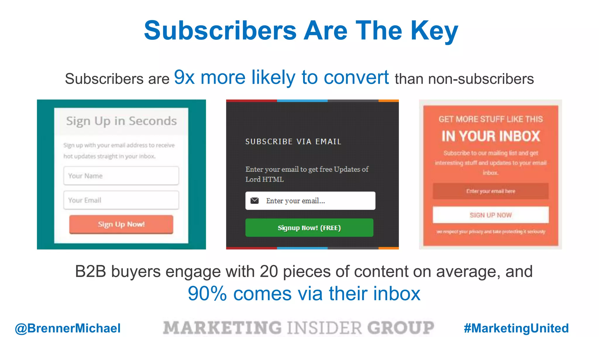 MARKETING INSIDER GROUP
Subscribers are 9x more likely to convert than non-subscribers
Subscribers Are The Key
B2B buyers engage with 20 pieces of content on average, and
90% comes via their inbox
@BrennerMichael #MarketingUnited
 