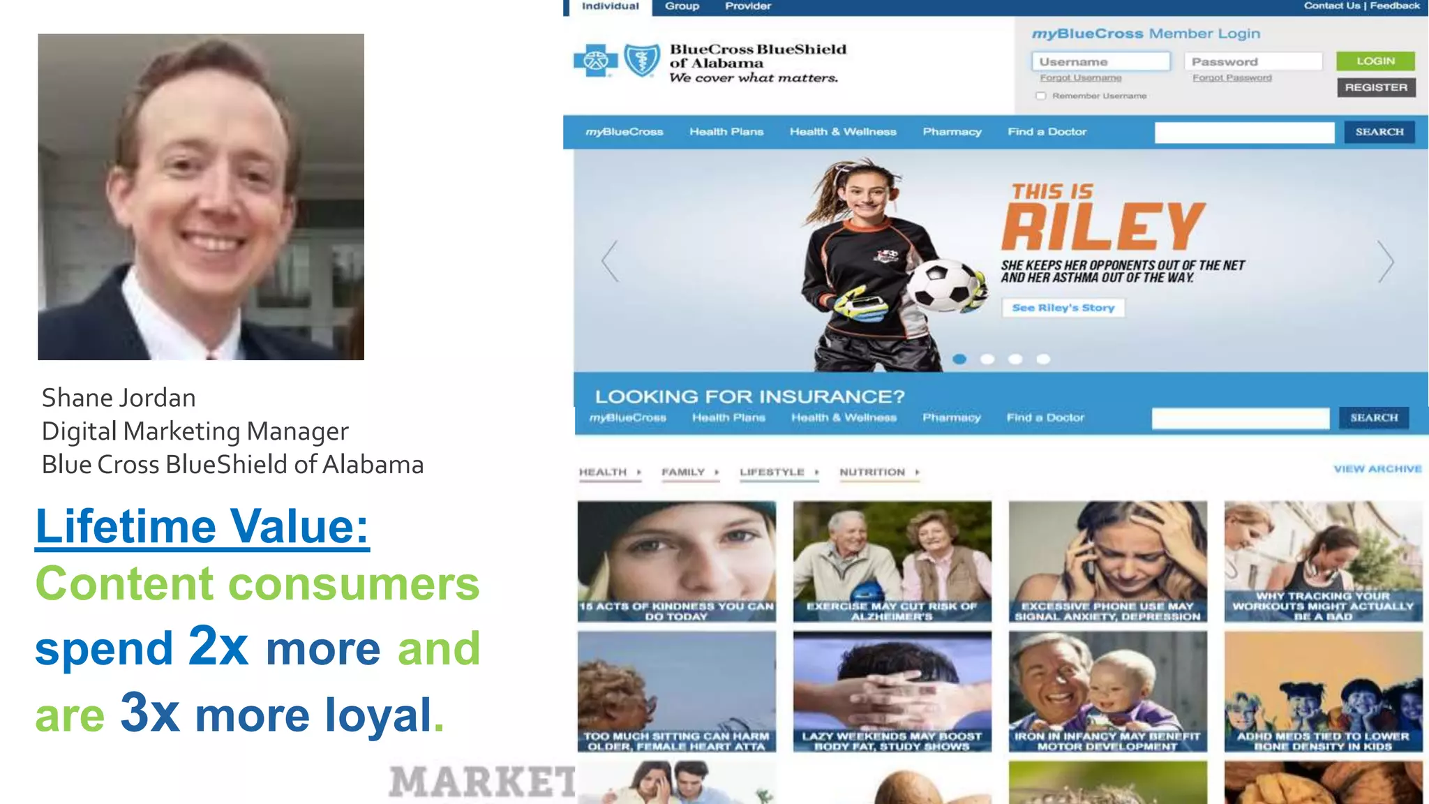 MARKETING INSIDER GROUP
Lifetime Value:
Content consumers
spend 2x more and
are 3x more loyal.
Shane Jordan
Digital Marketing Manager
Blue Cross BlueShield of Alabama
 