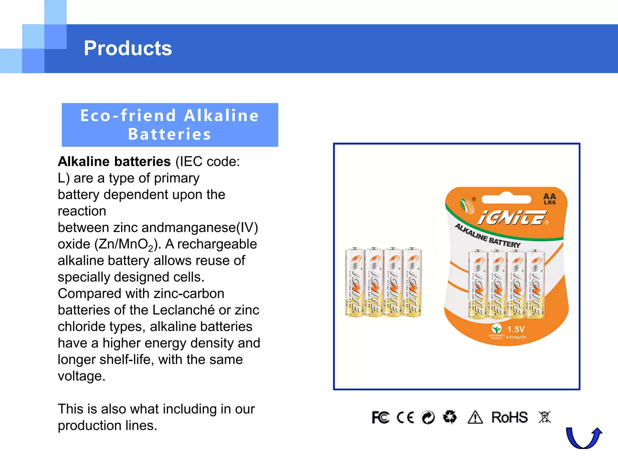 Products
Eco-friend Alkaline
Batteries
Alkaline batteries (IEC code:
L) are a type of primary
battery dependent upon the
reaction
between zinc andmanganese(IV)
oxide (Zn/MnO2). A rechargeable
alkaline battery allows reuse of
specially designed cells.
Compared with zinc-carbon
batteries of the Leclanché or zinc
chloride types, alkaline batteries
have a higher energy density and
longer shelf-life, with the same
voltage.
This is also what including in our
production lines.
 