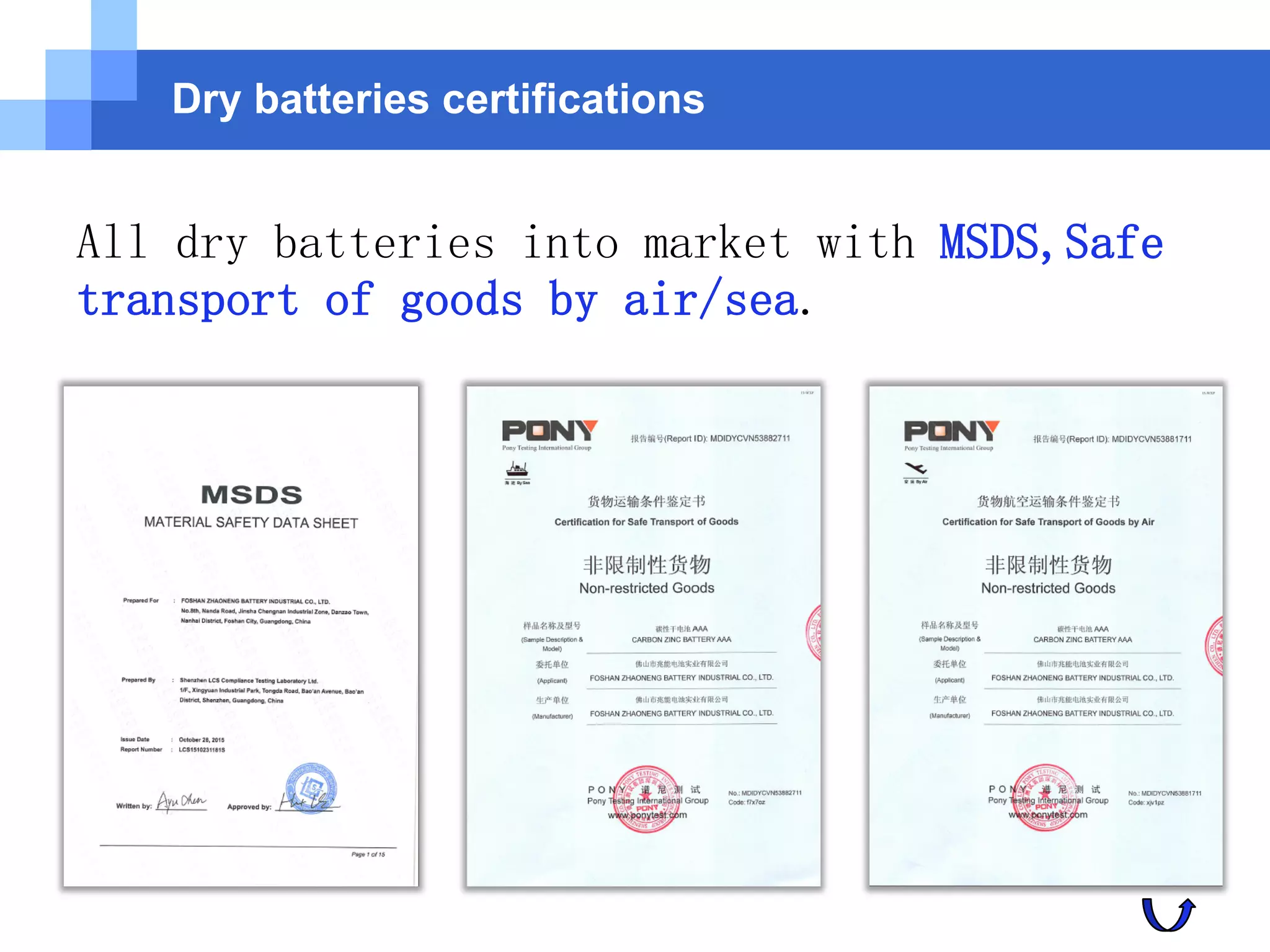 Dry batteries certifications
All dry batteries into market with MSDS,Safe
transport of goods by air/sea.
 