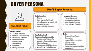 BUYER PERSONA
Richard Reich
Ziele:
− Budgetziele einhalten
− Reputation
− Imageschäden vermeiden
− Lebensfreude,
Selbstdarstellung
− Aggressive Preisverhandlung
(gewinnen!)
Kaufkriterien &
Kommunikationskanäle:
− Messbarkeit, Nutzen, RoI
− exklusive Essenseinladungen
− Klarheit, Fakten
− Tagespresse, IHK Newsletter
− keine Social Media Nutzung
Herausforderung:
− Fachkräftemangel
− Umsatzschwankungen
− keine digitale Strategie
− Preis geht vor Qualität
Arbeitsweise:
− Macher
− liebt technische Details
− ohne Struktur, verzettelt sich
− rau aber herzlich
− intern sehr gut vernetzt
Profil Buyer Persona
Hintergrund:
• 57 Jahre, Ingenieur
• Position: Einkaufsleitung
• verheiratet, 2 Kinder
• mittelständischer
Betrieb ( 100
Mitarbeiter)
• Eigenheim
• Hobby: Rennrad
 